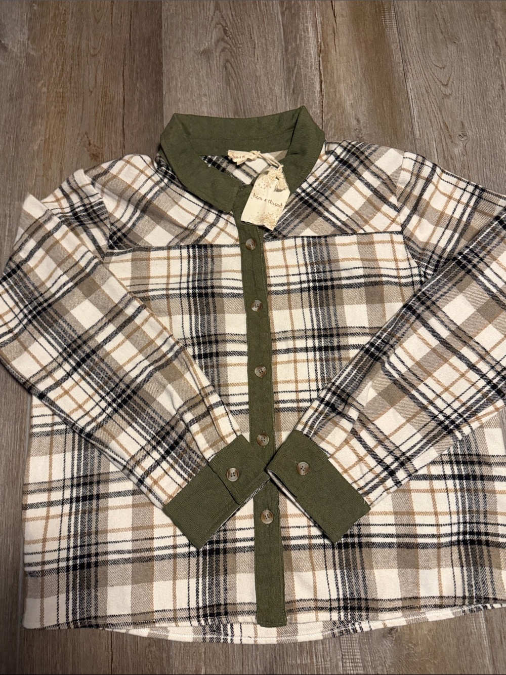 Hem & Thread Close to Home Plaid Flannel Shacket in taupe and olive